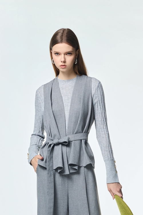 安靜灰背心式綁帶外套,V領背心