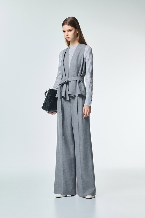 安靜灰背心式綁帶外套,V領背心