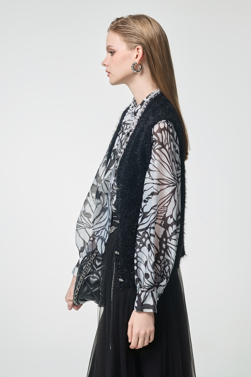 亮黑蔥紗Ｖ領針織背心,V領背心