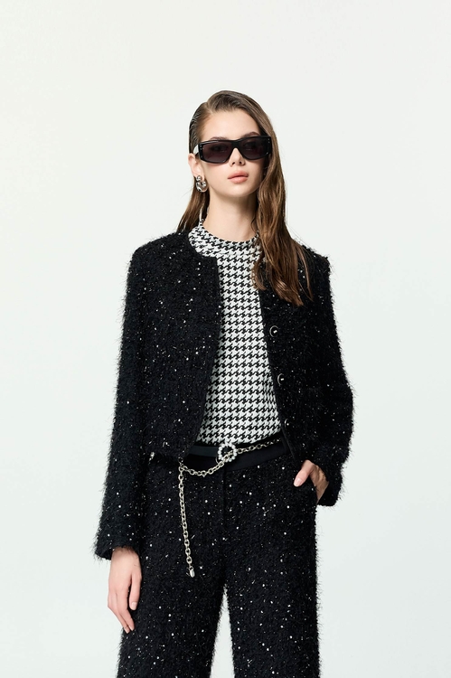 黑白千鳥格小高領背心單品,無袖背心