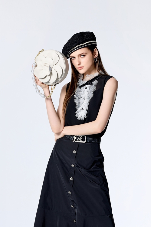 黑白拼接睫毛蕾絲雪紡背心,蕾絲上衣