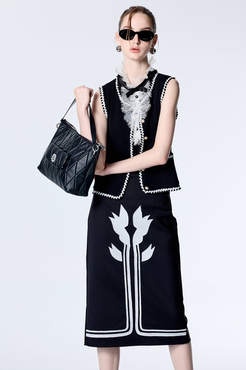 黑白拼接睫毛蕾絲雪紡背心,蕾絲上衣