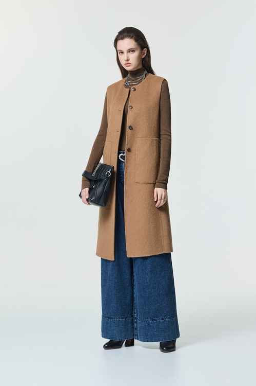 雌鹿色駝絨背心式長版大衣,人氣商品