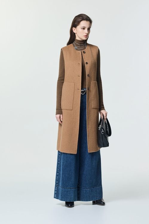 雌鹿色駝絨背心式長版大衣,人氣商品