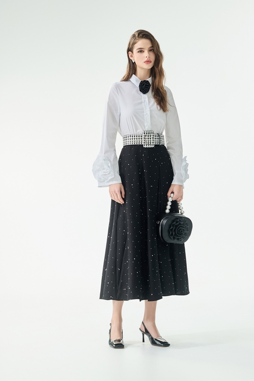 立體玫瑰繞花喇叭袖襯衫,襯衫