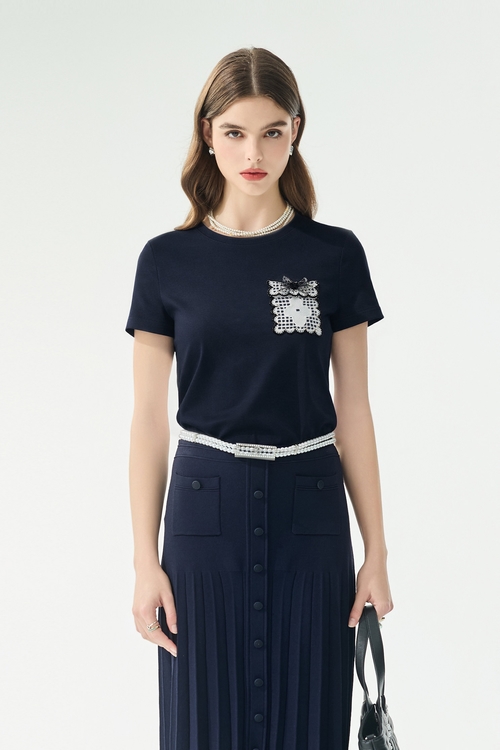 配色花瓣邊口袋Ｔ恤上衣,蕾絲