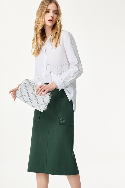 撞色綠線設計長版襯衫,長版襯衫