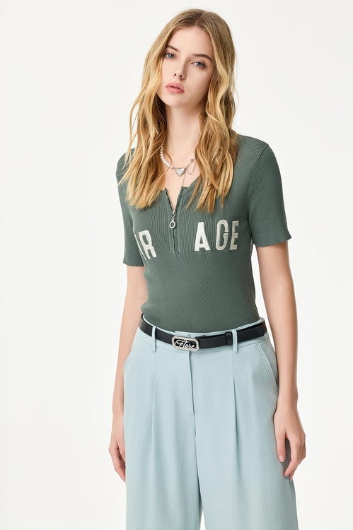 高山綠坑條拉鍊短袖上衣,短袖上衣