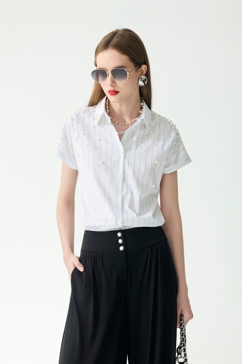 珍珠釘飾直條紋彈性襯衫,條紋