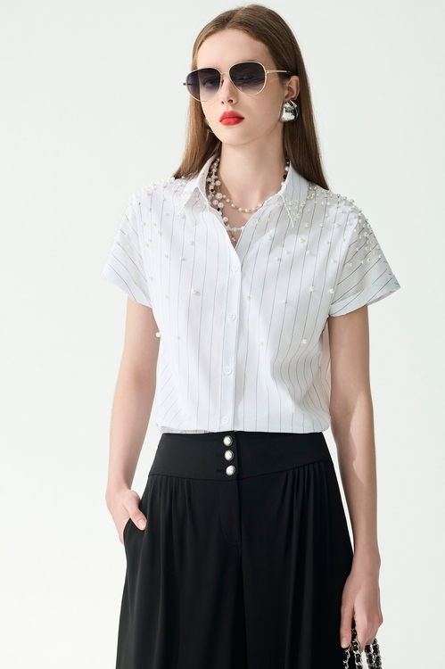 珍珠釘飾直條紋彈性襯衫,條紋