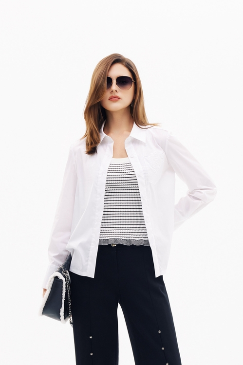 玫瑰繡花口袋簡約襯衫,襯衫