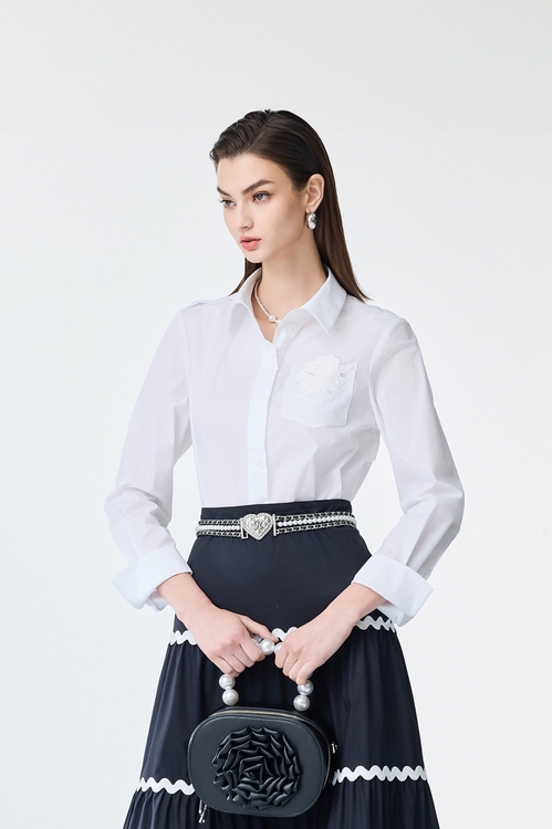 玫瑰繡花口袋簡約襯衫,襯衫