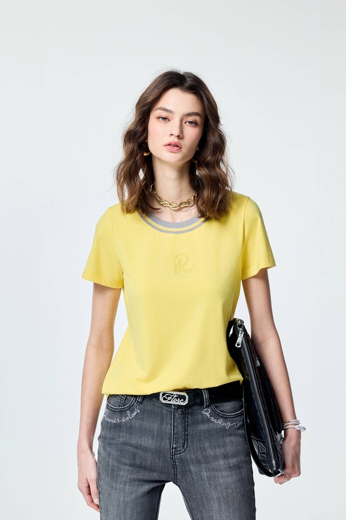 撞色羅紋領陽光黃Ｔ,T-Shirt