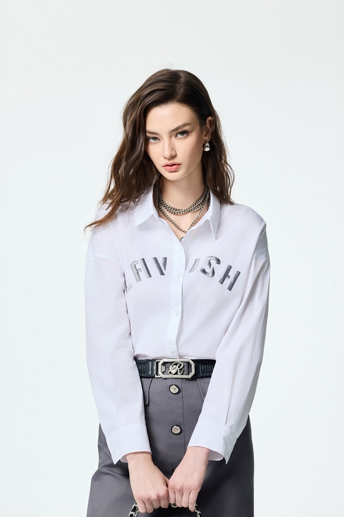 丁香灰刺繡長版襯衫,長版襯衫