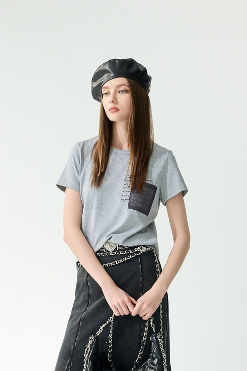 終極灰雙口袋繡花Ｔ,T-Shirt