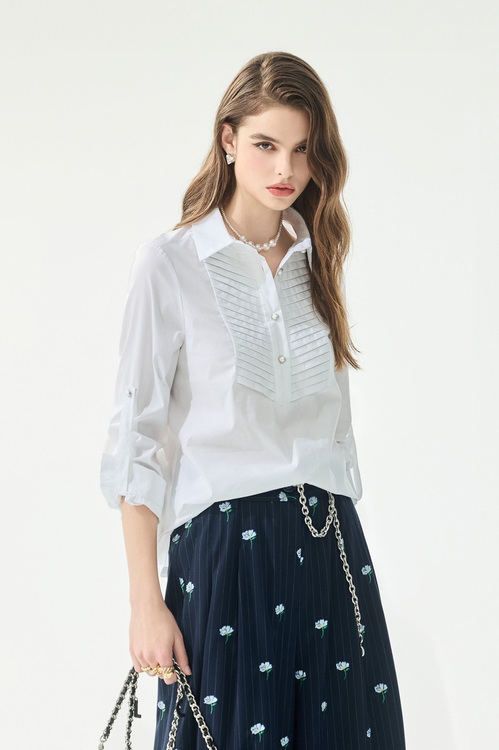 抓褶裝飾彈性長袖襯衫,襯衫