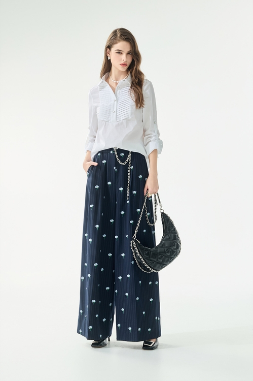 抓褶裝飾彈性長袖襯衫,襯衫