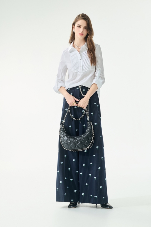 抓褶裝飾彈性長袖襯衫,襯衫