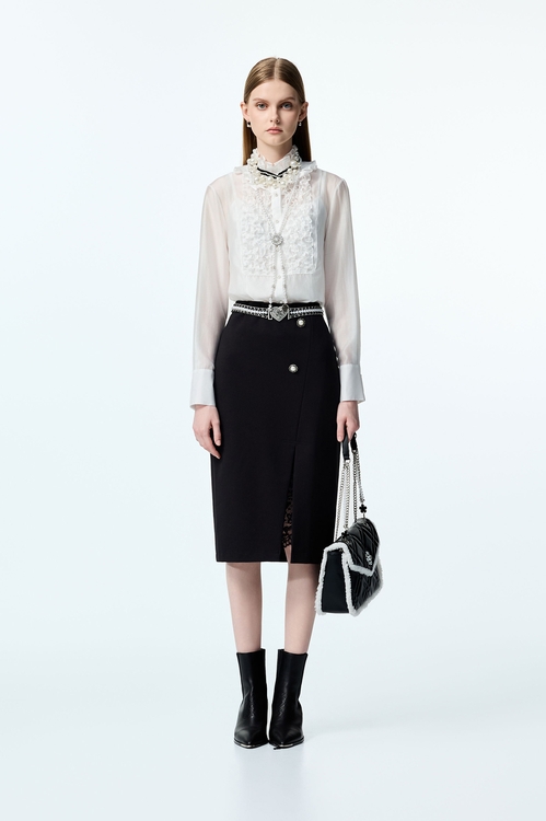 珍珠荷葉領絲棉單品上衣,細肩帶