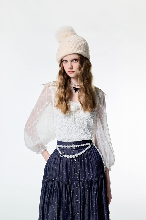 拼蕾絲袖立體摺皺上衣,蕾絲上衣