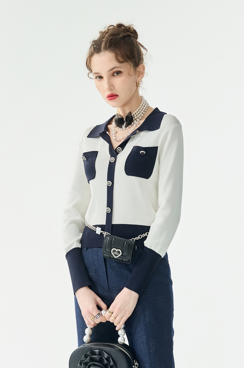 午夜藍配色造型上衣,針織衫