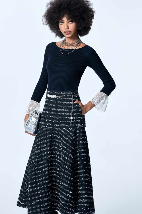 修身坑條長袖拼接蕾絲針織單品,蕾絲上衣