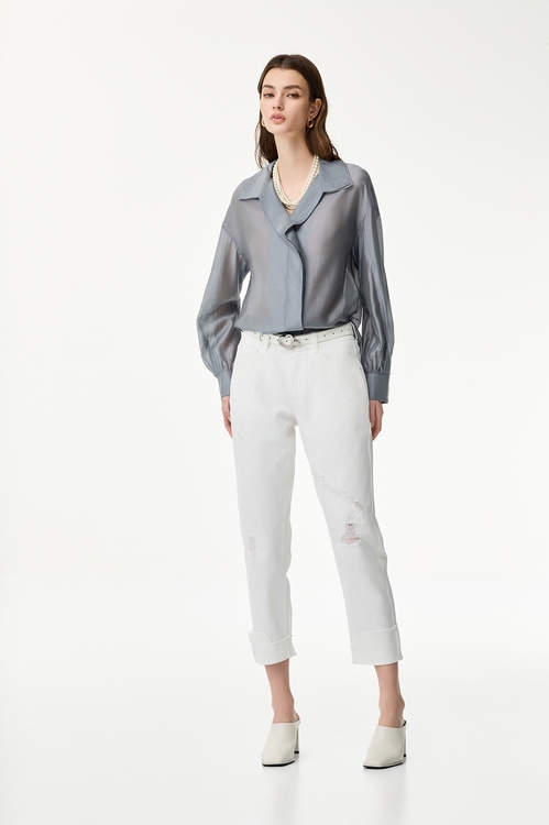 鹽灰色絲棉長袖上衣,透膚上衣