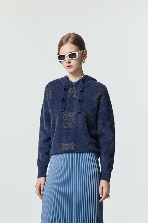 光澤感正反針連帽針織上衣,針織上衣