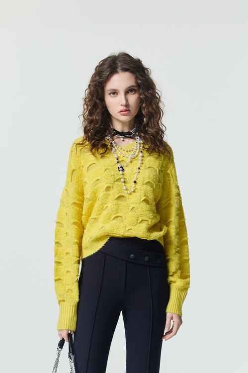 萊姆黃仿搖粒絨格紋針織,V領上衣