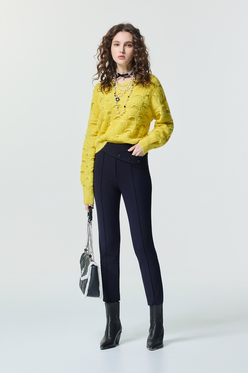 萊姆黃仿搖粒絨格紋針織,V領上衣