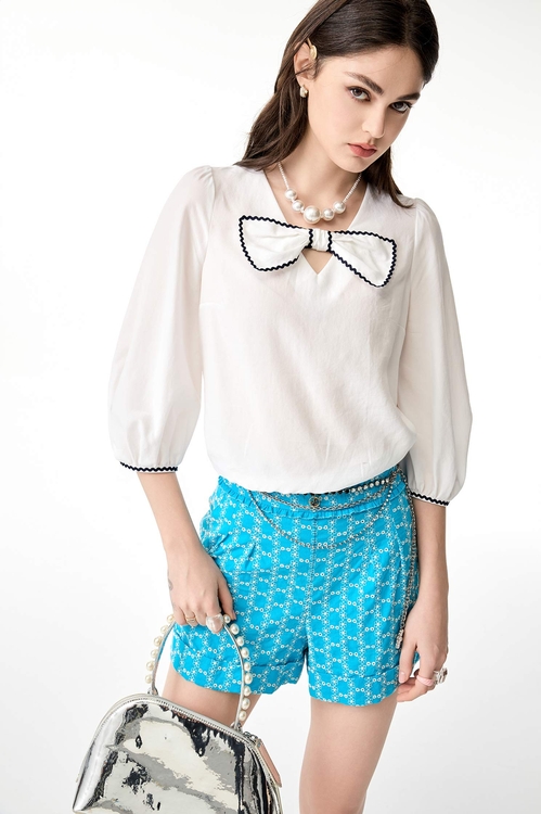 綴暮色藍織帶上衣,透膚上衣