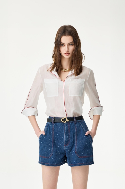 白絲棉撞色線七分袖上衣,七分袖上衣