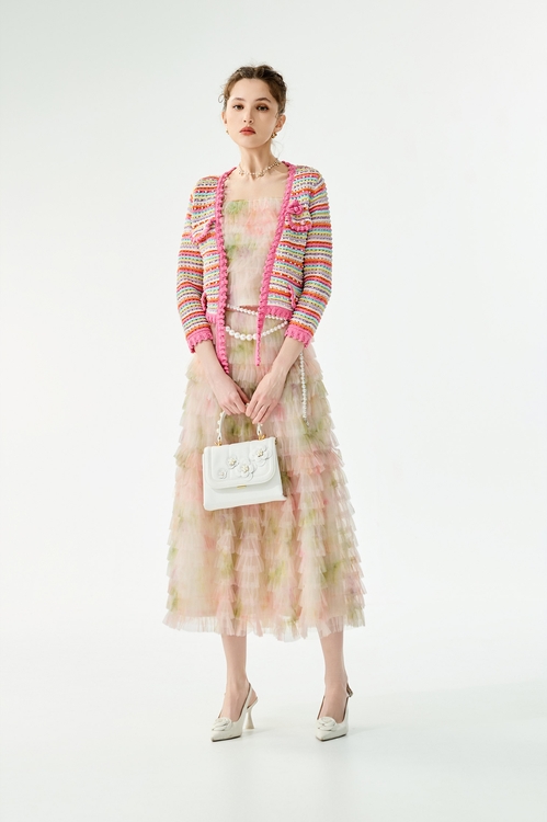 綴珍珠五彩條針織外套,針織外套