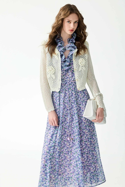 閃光手鉤花卉開襟針織外套,白色外套