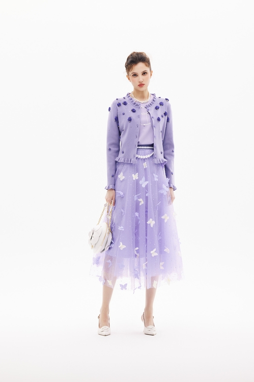 綴藍紫色手工花針織外套,針織外套