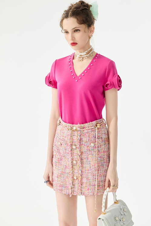 電光紫粉小香風花呢紗短裙,短裙