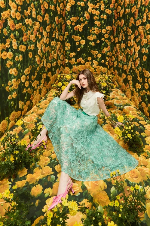 新葉綠格紋長裙,網裙