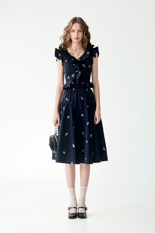 經典海軍藍彩色刺繡長裙,長裙