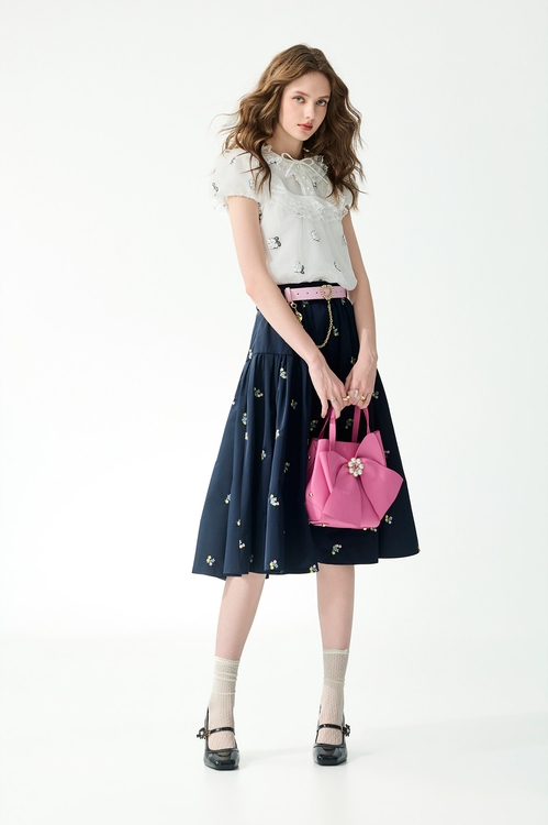 經典海軍藍彩色刺繡長裙,長裙