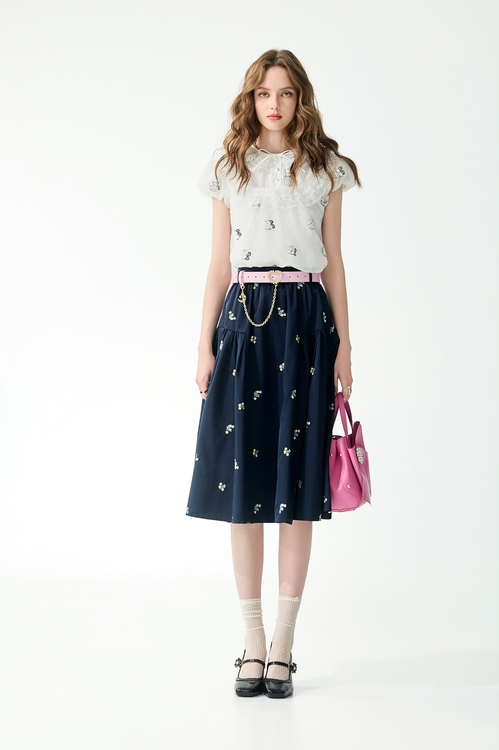 經典海軍藍彩色刺繡長裙,長裙