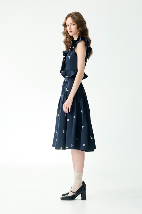 經典海軍藍彩色刺繡長裙,長裙