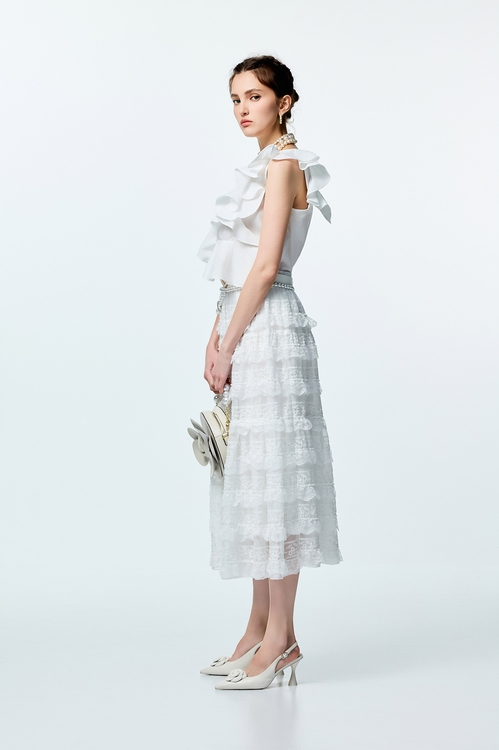 壓車花朵造型雪紡長裙,雪紡長裙