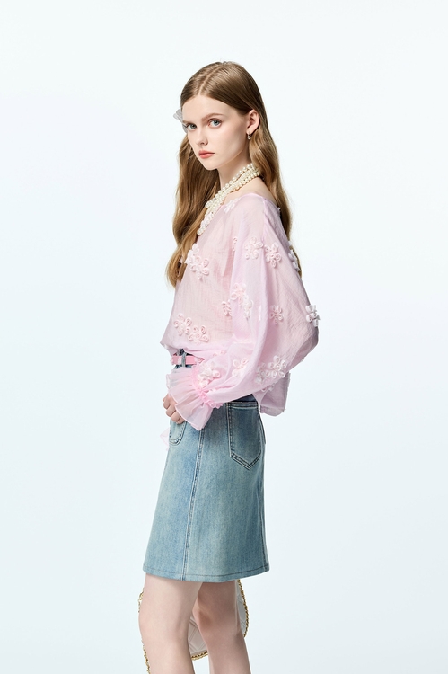 綴珠花邊牛仔中長裙,牛仔裙