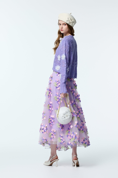 粉紫色立體花瓣刺繡長裙,紗裙