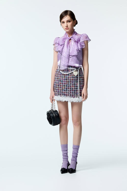 層次荷葉造型花呢紗短裙,毛呢花呢