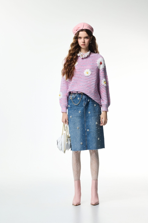 手工珍珠花瓣造型牛仔裙,牛仔裙