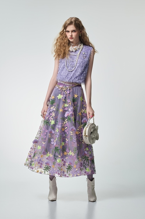 丁香紫色刺繡長裙,網裙