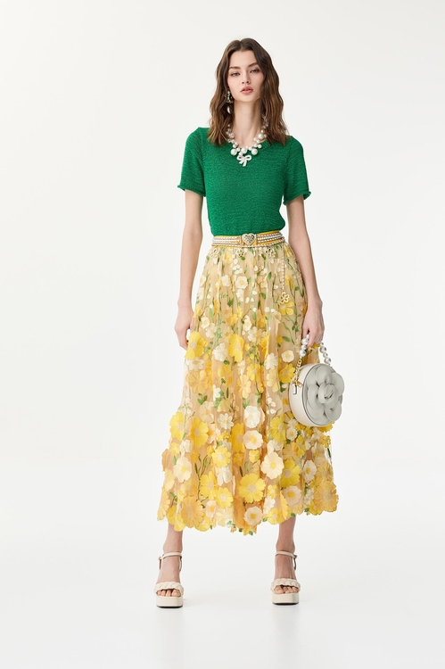 金菊亮黃色刺繡長裙,網裙