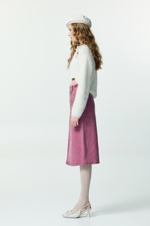 櫻花粉牛仔中長裙,牛仔裙