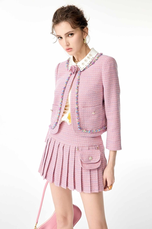 綴小腰包奢華粉百摺裙,百褶短裙